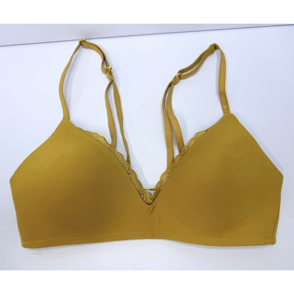 Aerie Wireless Bra Size 32B Mustard Yellow Gold Lace Trim Lightly Lined
